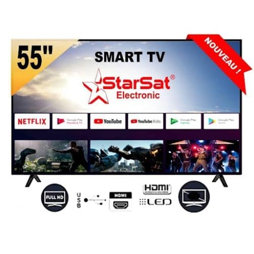 Smart TV LED 55 pouces, Wifi Android 4K Bluetooth, eShare écran plat intelligent STARSAT